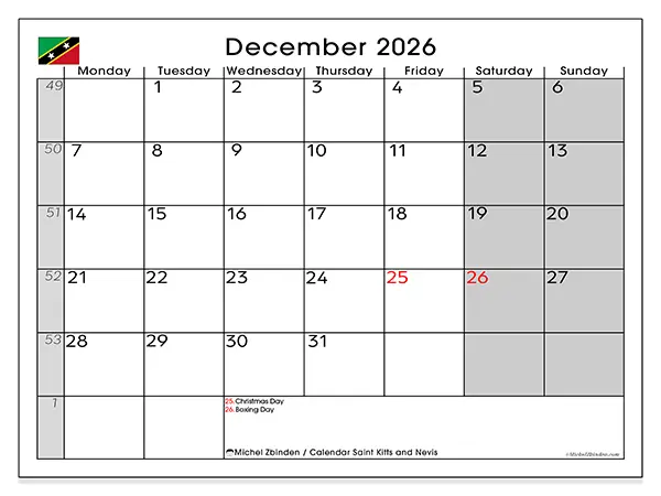 Printable December 2026 calendar - Saint Kitts and Nevis