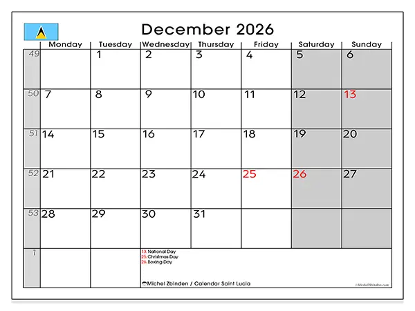 Printable December 2026 calendar - Saint Lucia