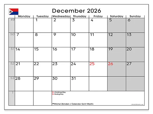 Printable December 2026 calendar - Saint Martin