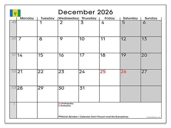Printable December 2026 calendar - Saint Vincent and the Grenadines