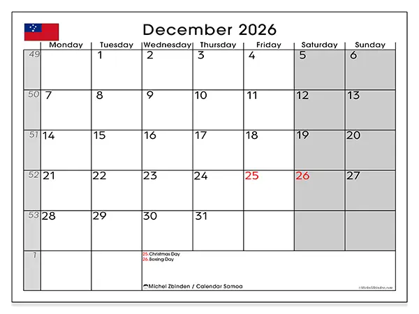 Printable December 2026 calendar - Samoa