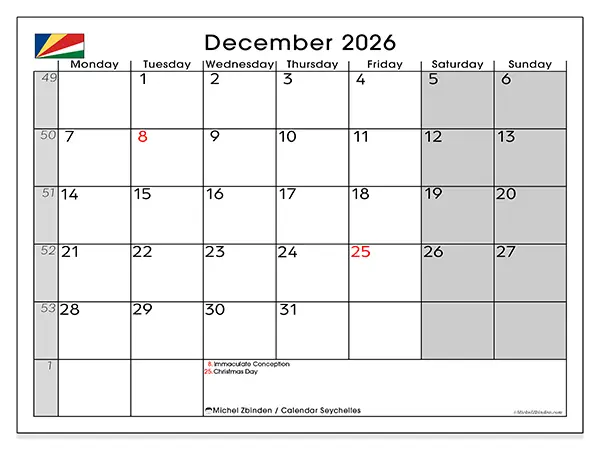Printable December 2026 calendar - Seychelles