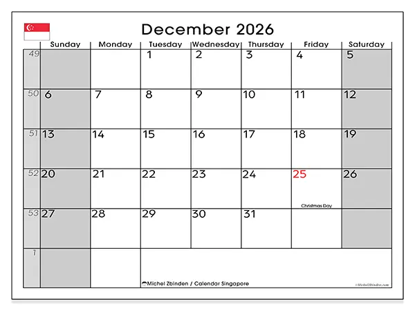 Printable December 2026 calendar - Singapore
