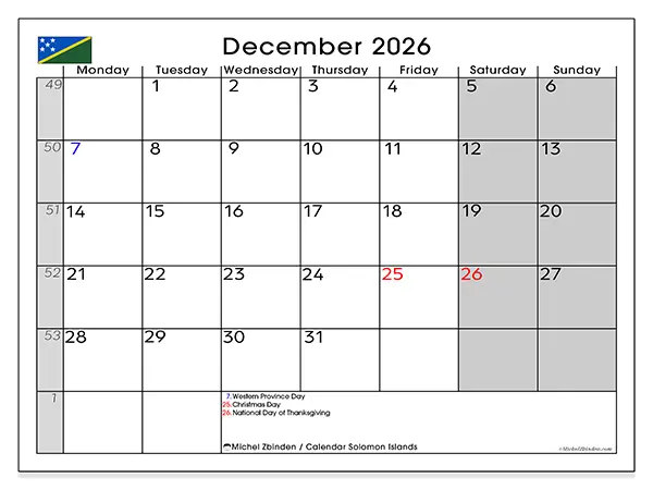 Printable December 2026 calendar - Solomon Islands