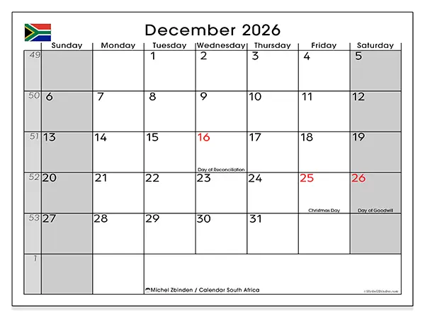 Printable December 2026 calendar - South Africa