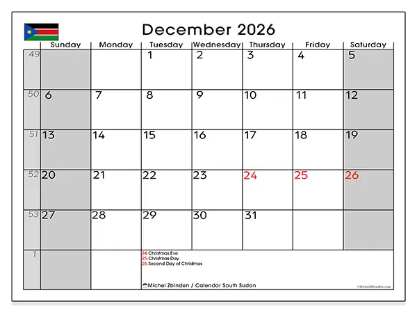 Printable December 2026 calendar - South Sudan