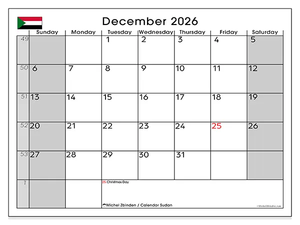 Printable December 2026 calendar - Sudan