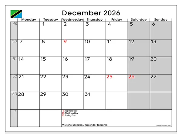 Printable December 2026 calendar - Tanzania