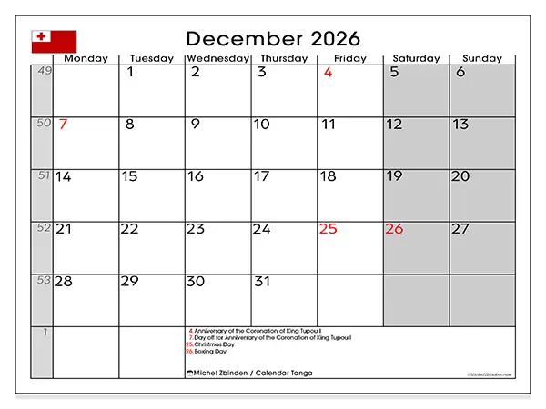 Printable December 2026 calendar - Tonga