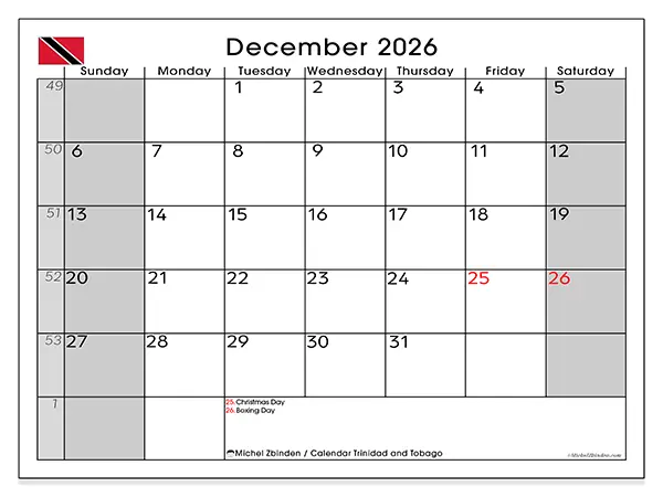 Printable December 2026 calendar - Trinidad and Tobago