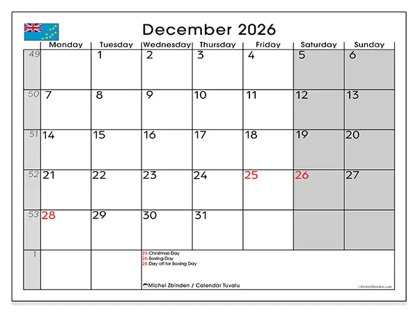 Printable December 2026 calendar - Tuvalu