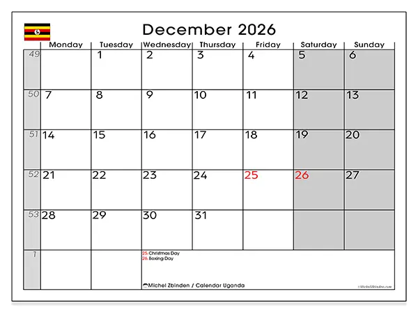 Printable December 2026 calendar - Uganda