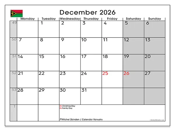 Printable December 2026 calendar - Vanuatu