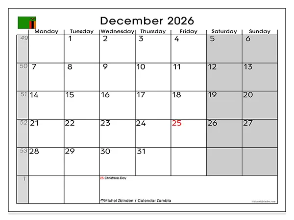 Printable December 2026 calendar - Zambia