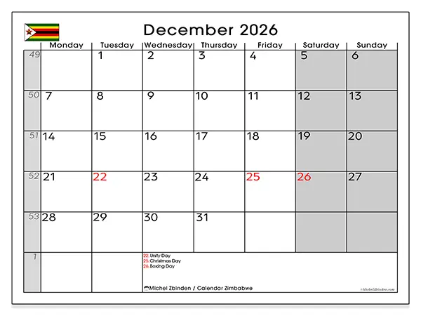 Printable December 2026 calendar - Zimbabwe