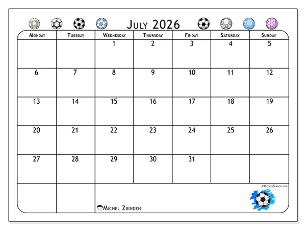 Printable July 2026 calendar - Soccer passion