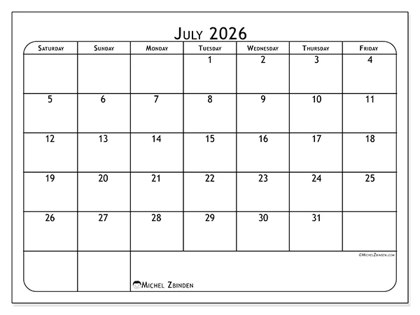 Printable July 2026 calendar - Soccer passion - Week from Sunday to Saturday