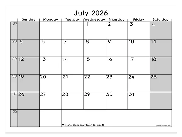 Printable July 2026 calendar - Perfect organization - Week from Sunday to Saturday