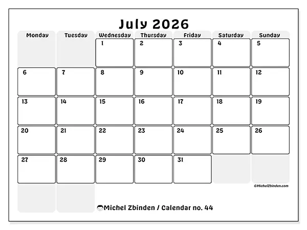 Printable July 2026 calendar - Structured planning