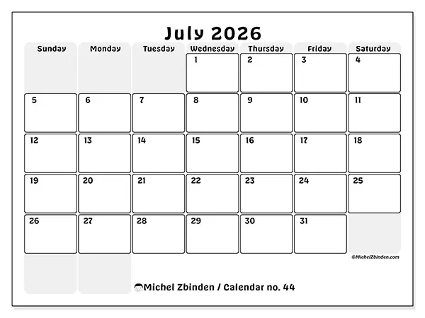 Printable July 2026 calendar - Structured planning - Week from Sunday to Saturday