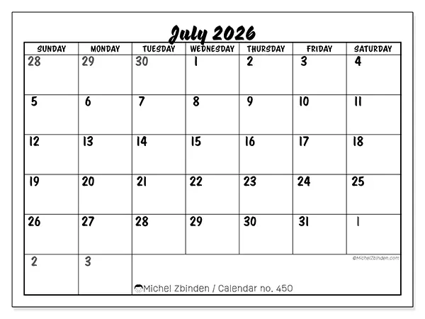 Printable July 2026 calendar - Detailed organization - Week from Sunday to Saturday