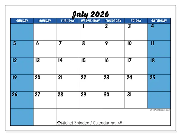 Printable July 2026 calendar - Dynamic organization - Week from Sunday to Saturday