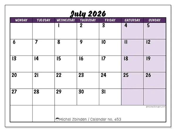 Printable July 2026 calendar - Colorful efficiency