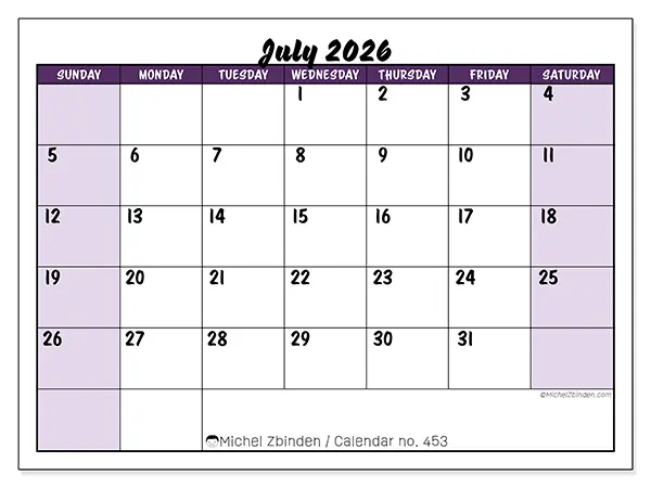 Printable July 2026 calendar - Colorful efficiency - Week from Sunday to Saturday