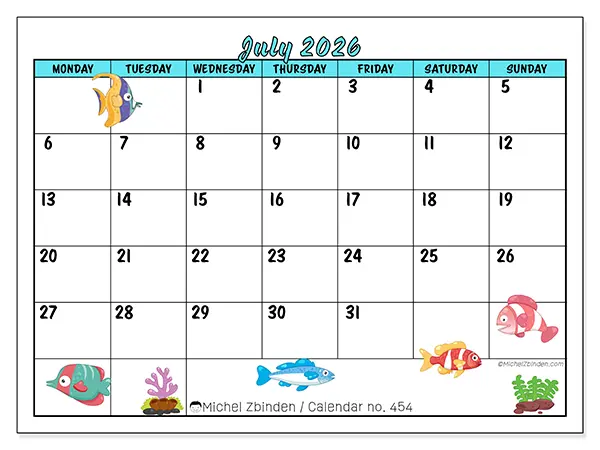 Printable July 2026 calendar - Colorful fish
