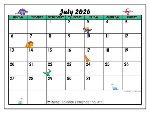 Printable July 2026 calendar - Little dinosaurs