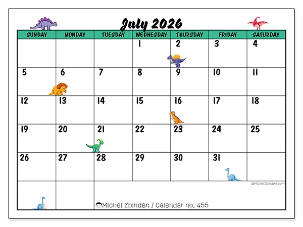 Printable July 2026 calendar - Little dinosaurs - Week from Sunday to Saturday