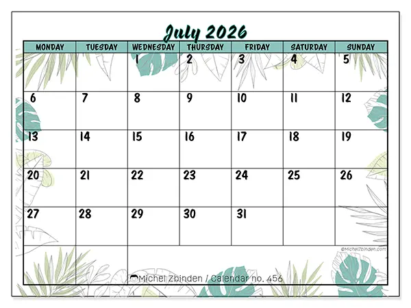 Printable July 2026 calendar - Nature and garden