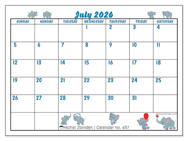 Printable July 2026 calendar - Little elephants - Week from Sunday to Saturday