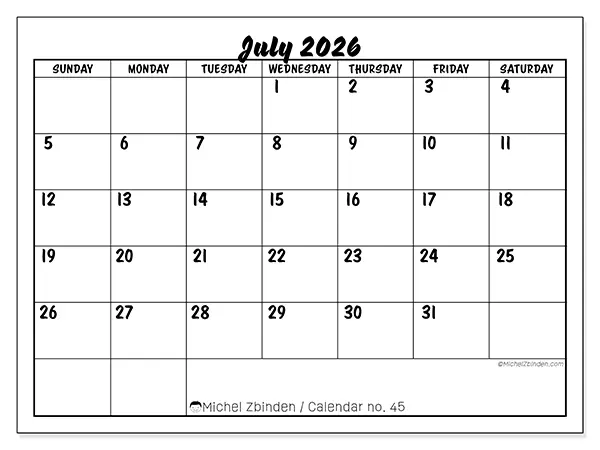 Printable July 2026 calendar - Academic success - Week from Sunday to Saturday