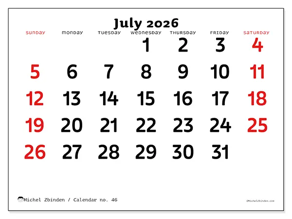 Printable July 2026 calendar - Clear vision - Week from Sunday to Saturday