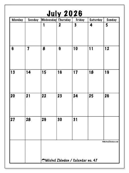 Printable July 2026 calendar - Efficient planning