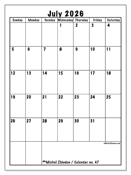 Printable July 2026 calendar - Efficient planning - Week from Sunday to Saturday