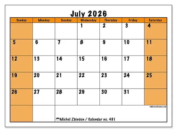 Printable July 2026 calendar - Dynamic planning - Week from Sunday to Saturday