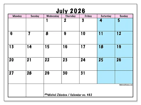 Printable July 2026 calendar - Team schedule