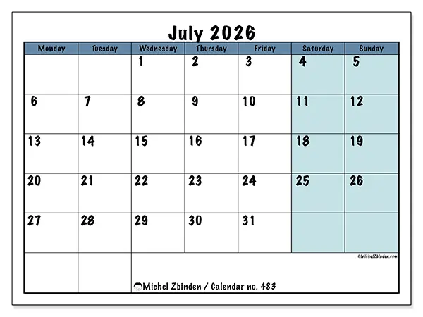 Printable July 2026 calendar - Structured for school