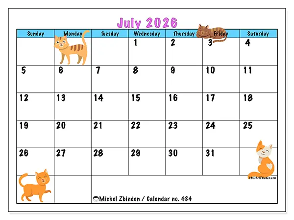 Printable July 2026 calendar - Love of cats - Week from Sunday to Saturday