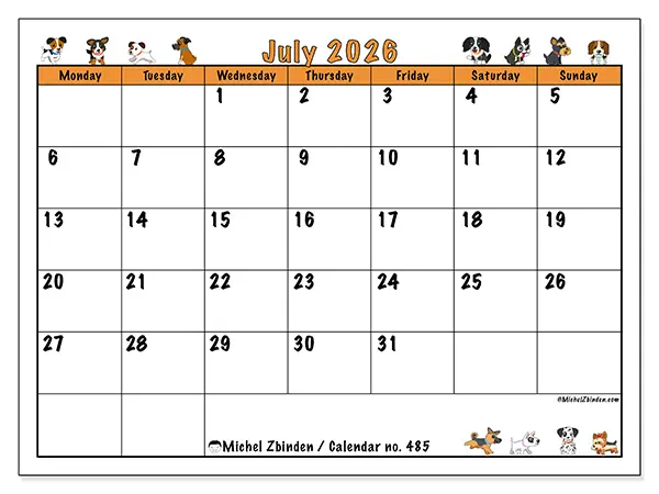 Printable July 2026 calendar - Enthusiastic dogs
