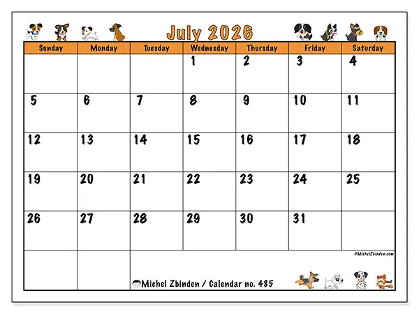 Printable July 2026 calendar - Enthusiastic dogs - Week from Sunday to Saturday