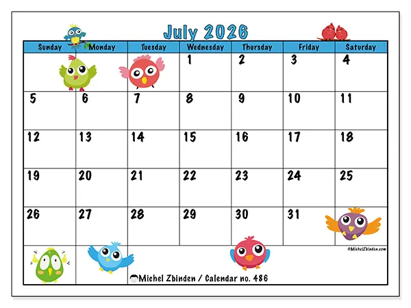 Printable July 2026 calendar - Funny birds - Week from Sunday to Saturday
