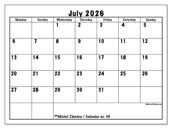 Printable July 2026 calendar - Daily efficiency