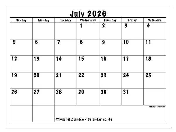 Printable July 2026 calendar - Daily efficiency - Week from Sunday to Saturday