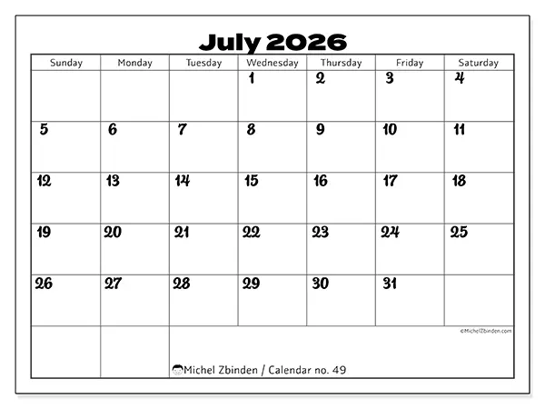 Printable July 2026 calendar - Productive coordination - Week from Sunday to Saturday