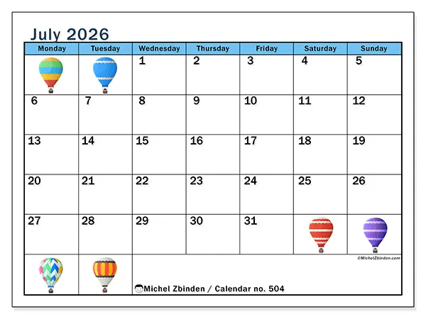 Printable July 2026 calendar - Hot air balloons
