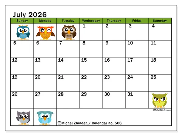 Printable July 2026 calendar - Funny owls - Week from Sunday to Saturday