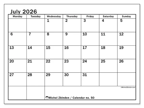 Printable July 2026 calendar - Optimal planning